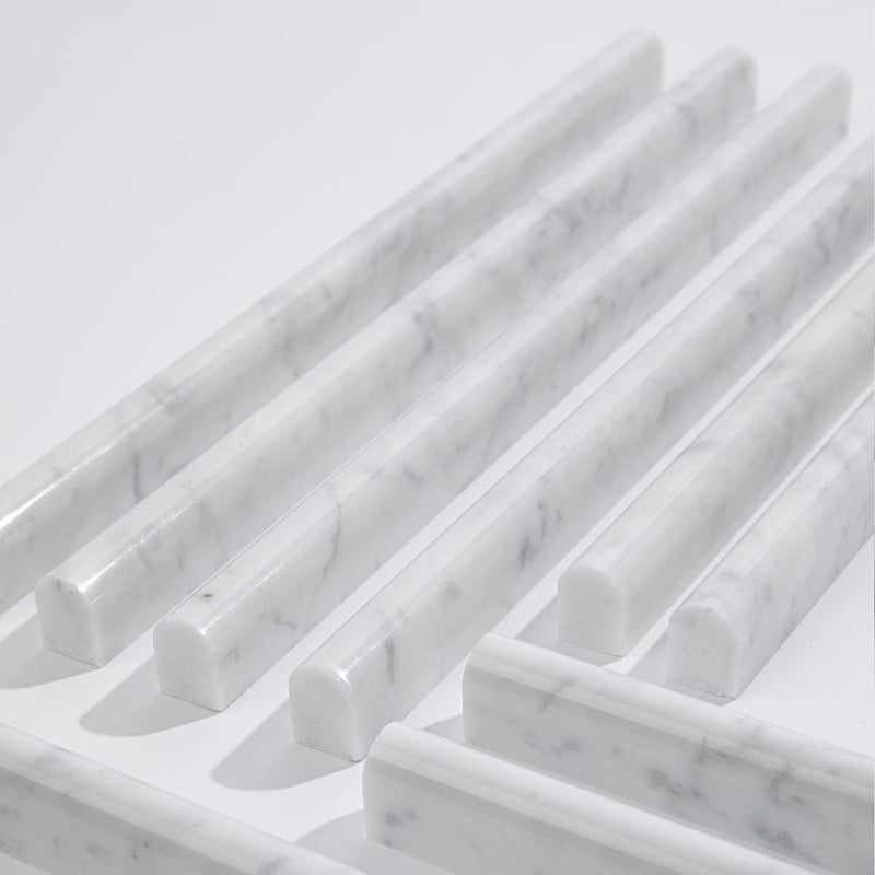 Lovdeco Carrara White 3/5" X 12" Marble Pencil Liner Tile, Edge Trim Molding for Shower and Backsplash, Bullnose Tile Trim Polished, 10 Pcs/Box - Image 4